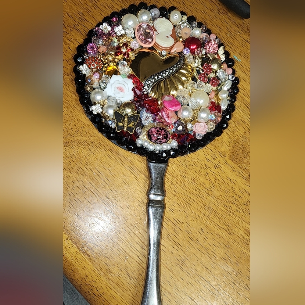 Hand Crafted Vintage Style Decorative Hand Mirror with Jewel Accents - Picture 5 of 8